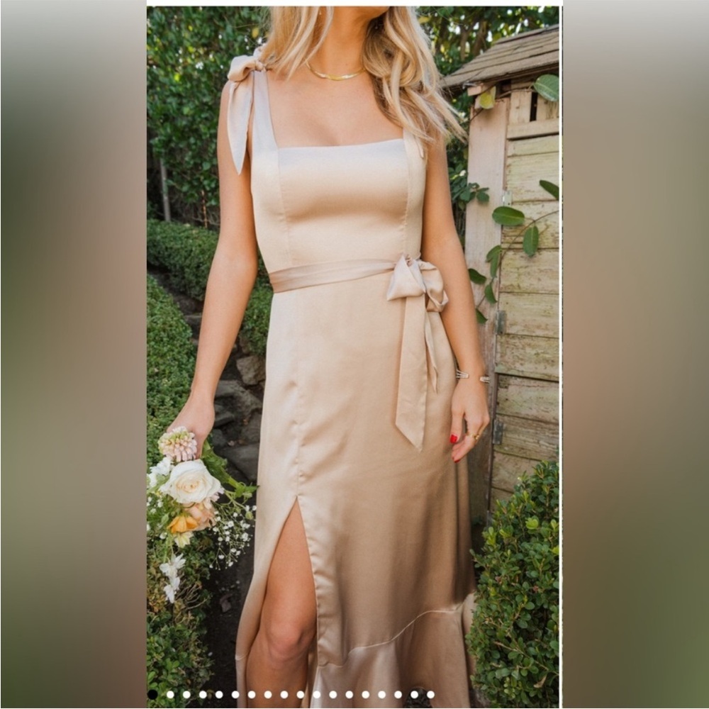 NWT $188 Show Me Your MuMu S Claire Midi Dress Luxe Satin Bows Cinched Side Slit - Picture 6 of 7
